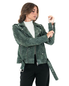 JULIA Giacca Chiodo con cintura da donna in vera pelle verde anticato