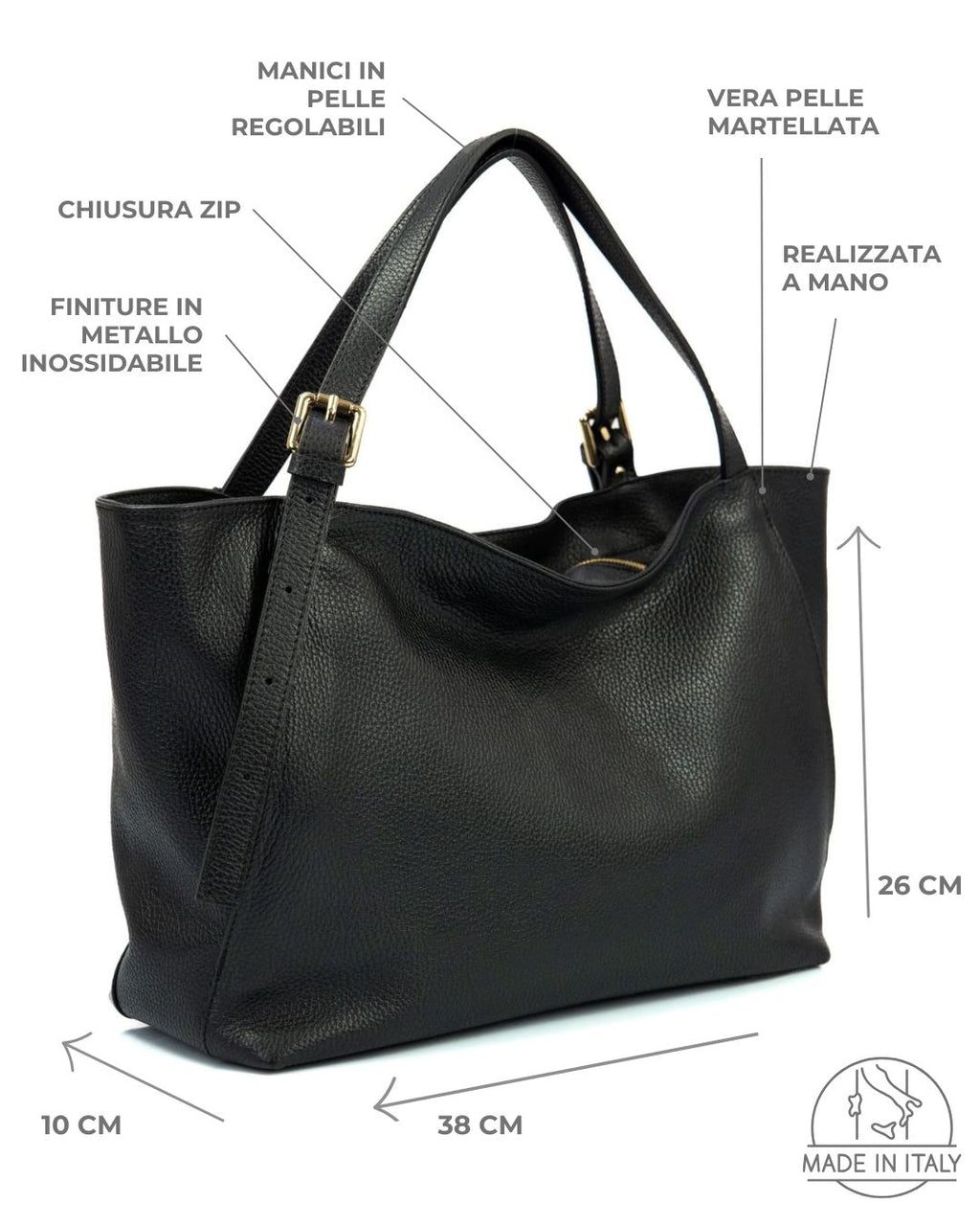 MELISSA Borsa a spalla in vera pelle martellata colore nero con manici regolabili