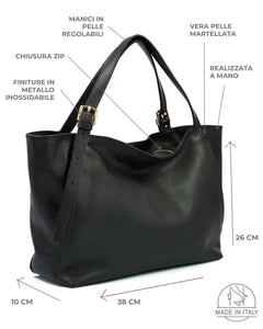 MELISSA Borsa a spalla in vera pelle martellata colore nero con manici regolabili