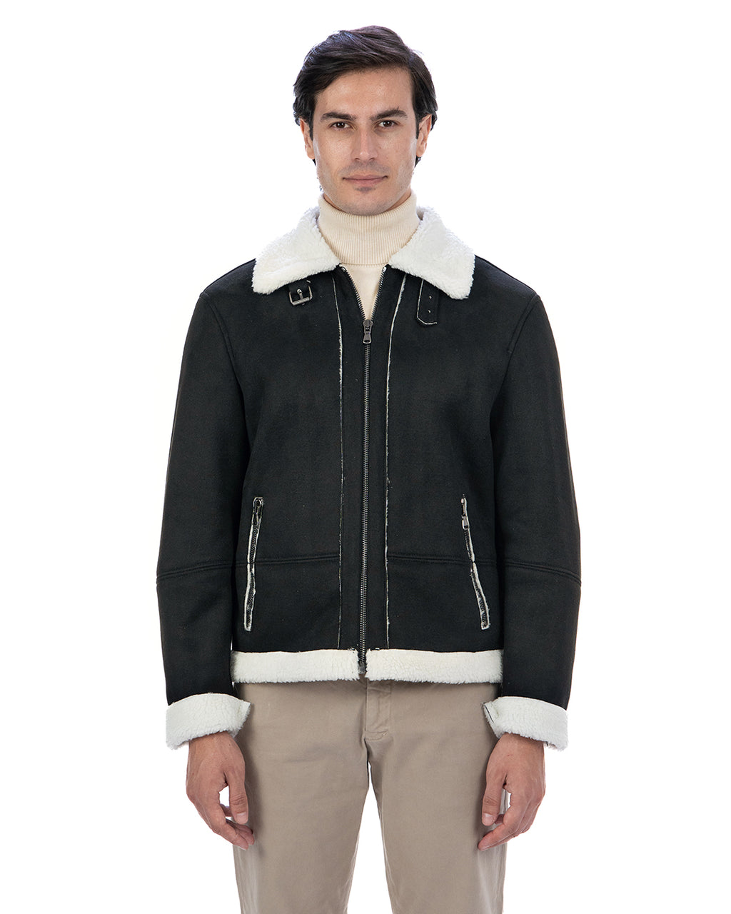AVIATORE Bomber da uomo scamosciato Nero Shearling Style