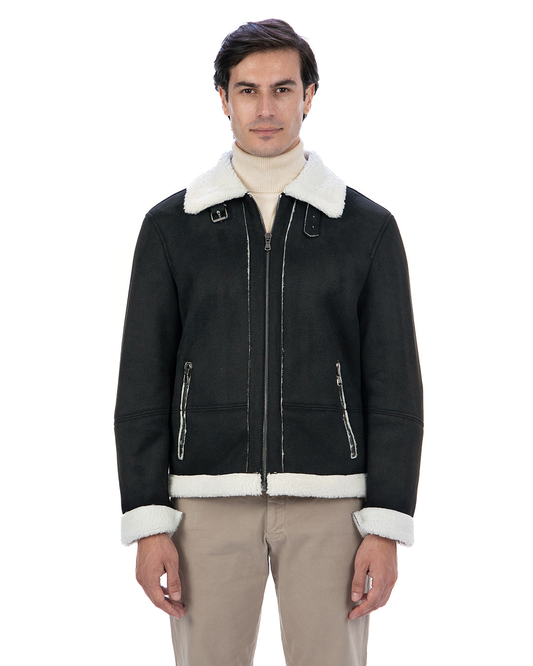 AVIATORE Bomber da uomo scamosciato Nero Shearling Style