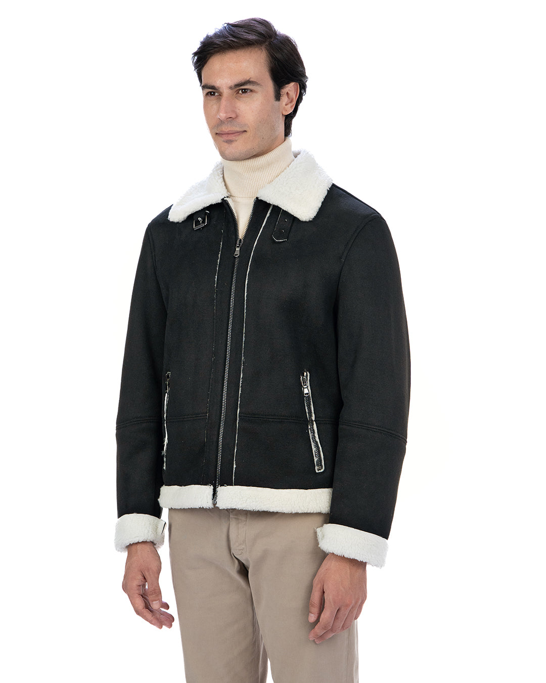 AVIATORE Bomber da uomo scamosciato Nero Shearling Style