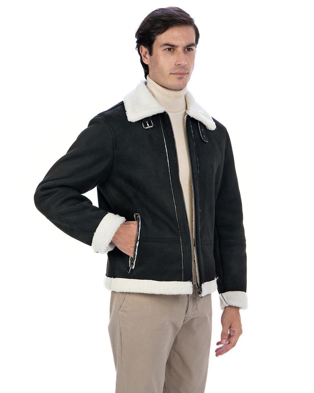 AVIATORE Bomber da uomo scamosciato Nero Shearling Style
