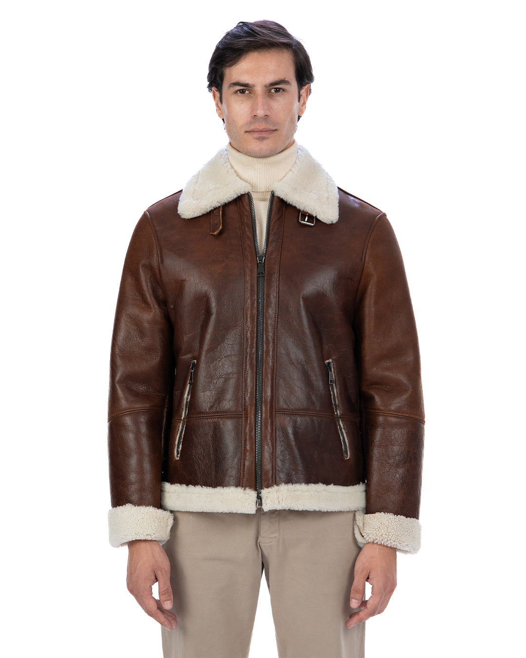 LEANDRO Giacca Montone Shearling vintage da uomo Cuoio