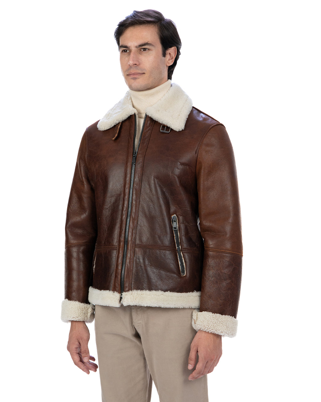 LEANDRO Giacca Montone Shearling vintage da uomo Cuoio