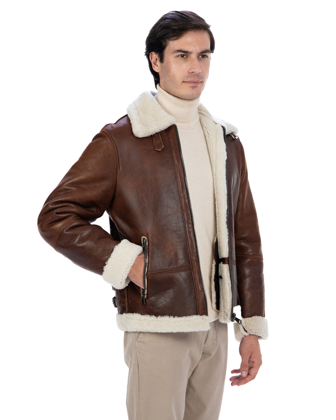 LEANDRO Giacca Montone Shearling vintage da uomo Cuoio