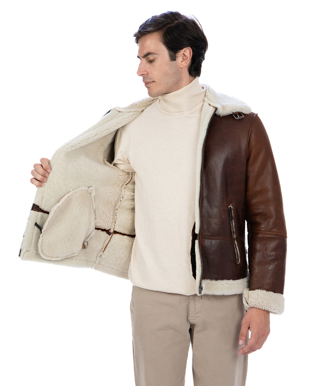 LEANDRO Giacca Montone Shearling vintage da uomo Cuoio