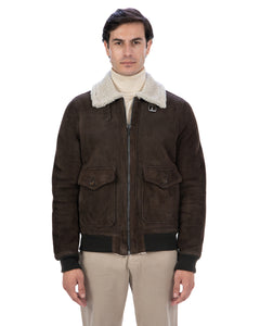 ADRIAN Bomber da uomo in Vera Pelle di Montone Shearling Scamosciato T. Moro