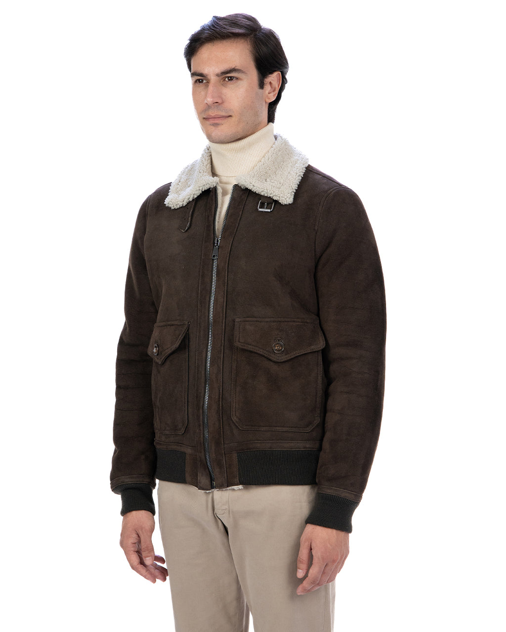 ADRIAN Bomber da uomo in Vera Pelle di Montone Shearling Scamosciato T. Moro