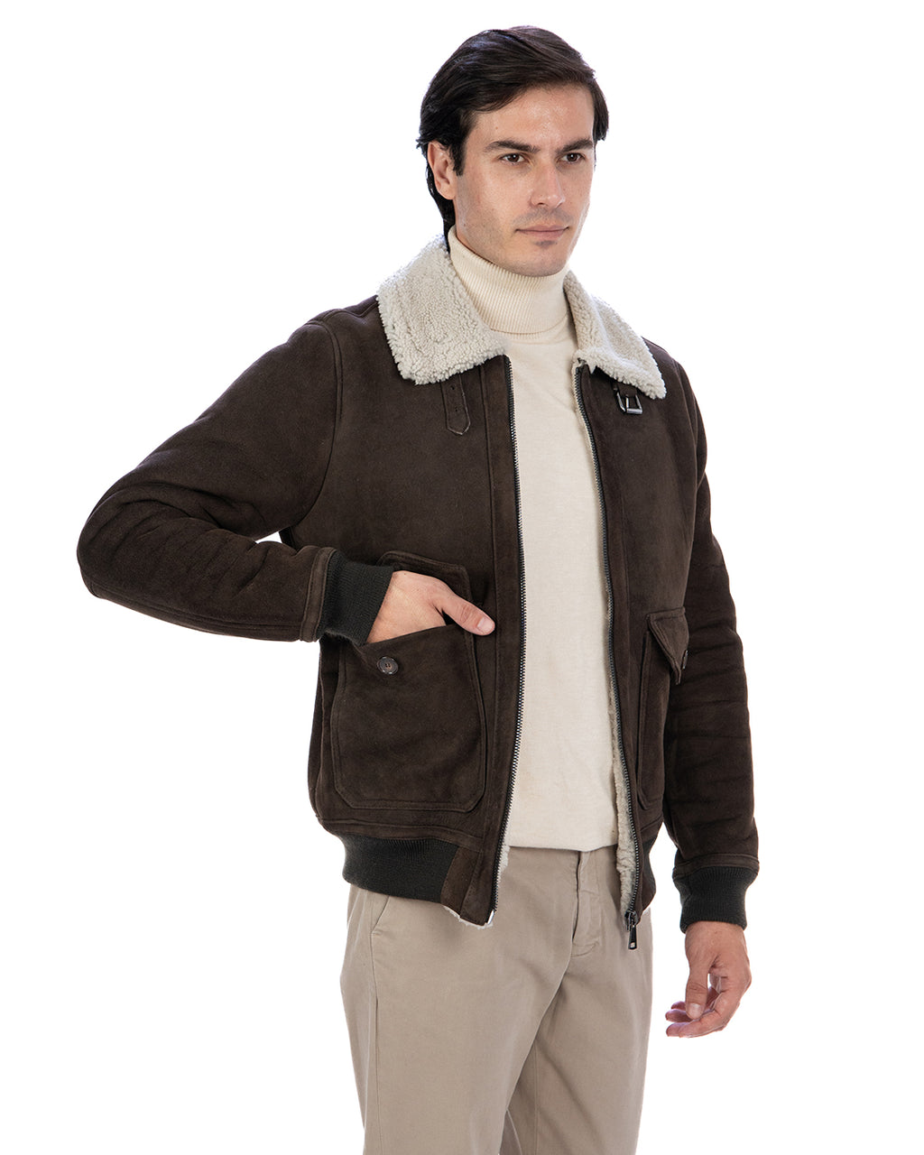 ADRIAN Bomber da uomo in Vera Pelle di Montone Shearling Scamosciato T. Moro