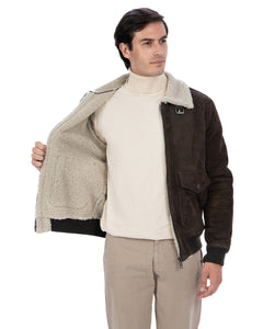 ADRIAN Bomber da uomo in Vera Pelle di Montone Shearling Scamosciato T. Moro