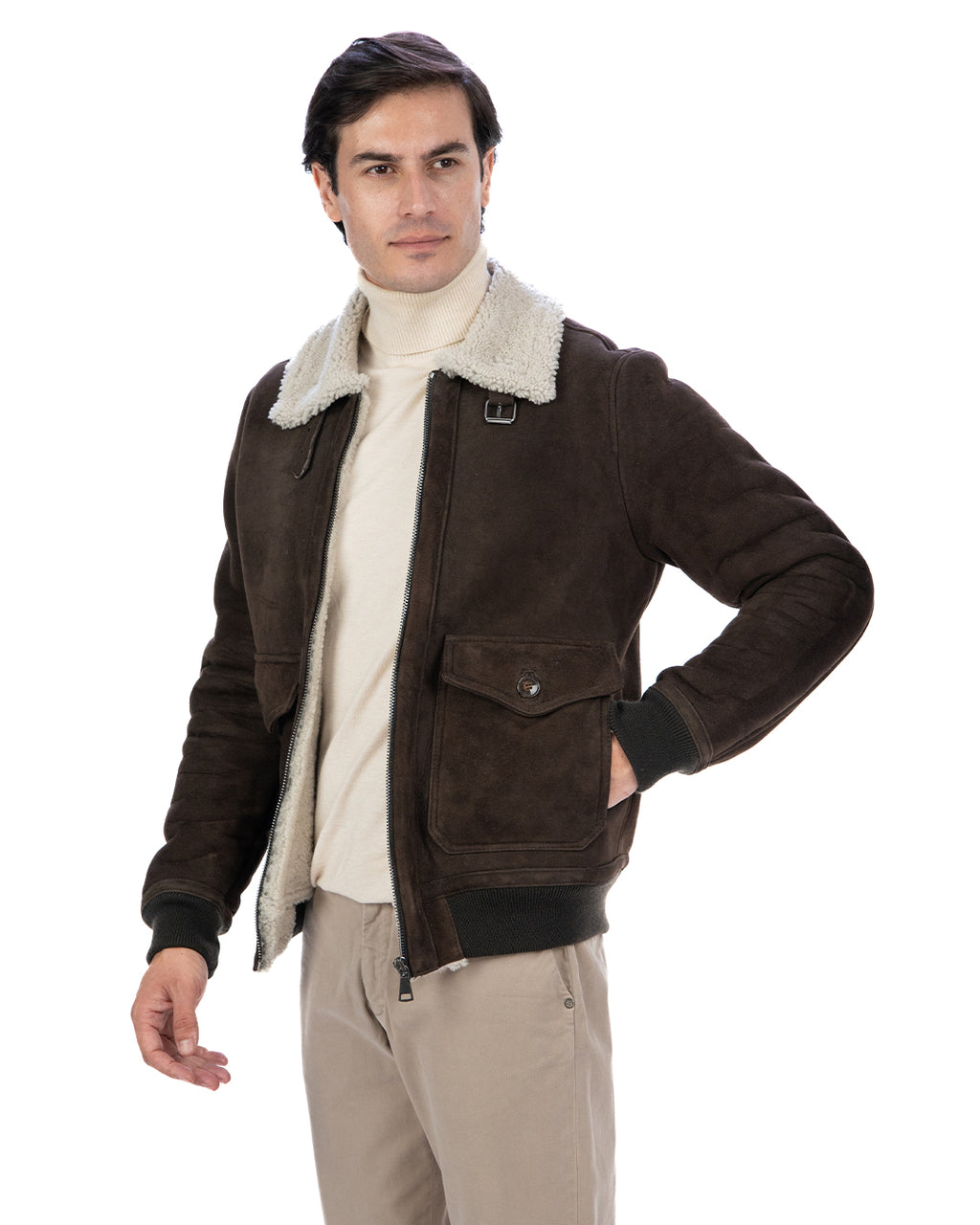 ADRIAN Bomber da uomo in Vera Pelle di Montone Shearling Scamosciato T. Moro
