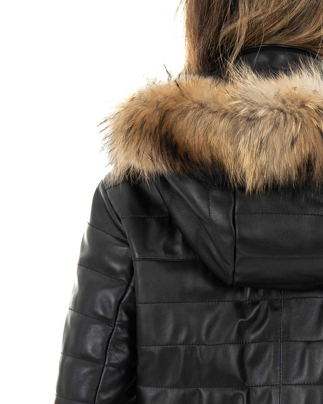 GRACE Piumino con cappuccio da donna in vera pelle nero