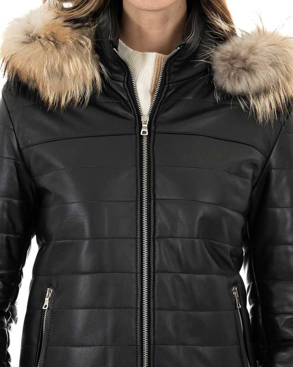 GRACE Piumino con cappuccio da donna in vera pelle nero
