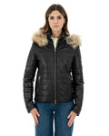 GRACE Piumino con cappuccio da donna in vera pelle nero