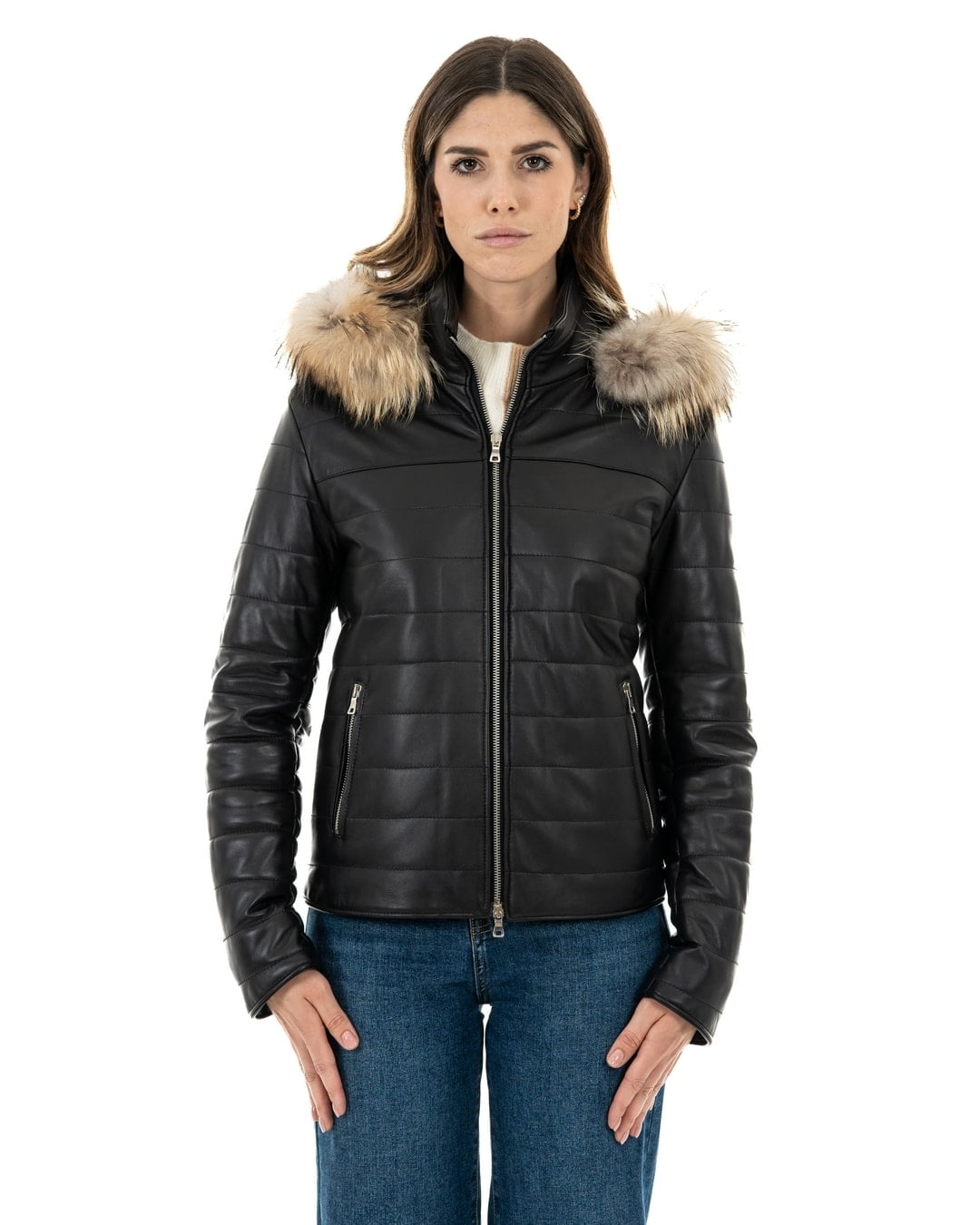 GRACE Piumino con cappuccio da donna in vera pelle nero