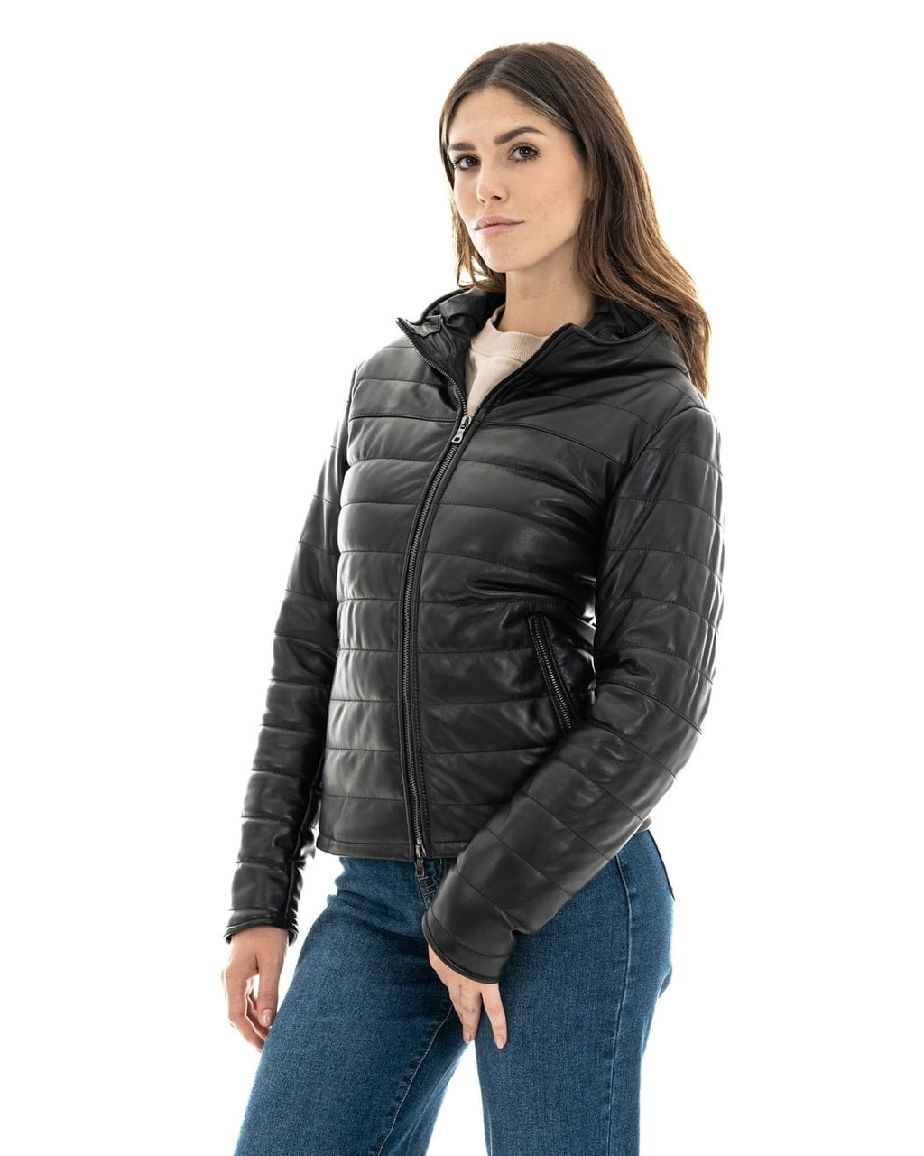 ELODIE Piumino con cappuccio da donna in vera pelle nero