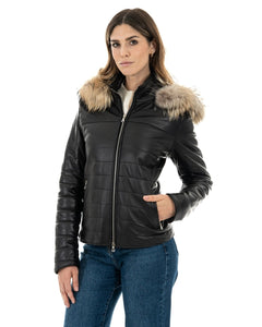GRACE Piumino con cappuccio da donna in vera pelle nero