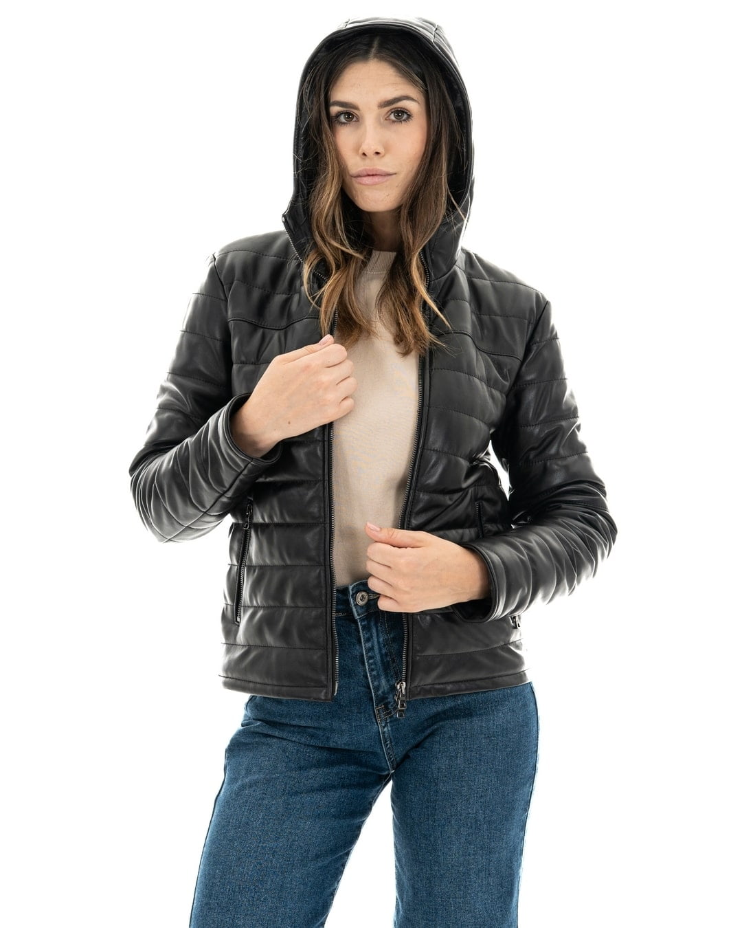 ELODIE Piumino con cappuccio da donna in vera pelle nero