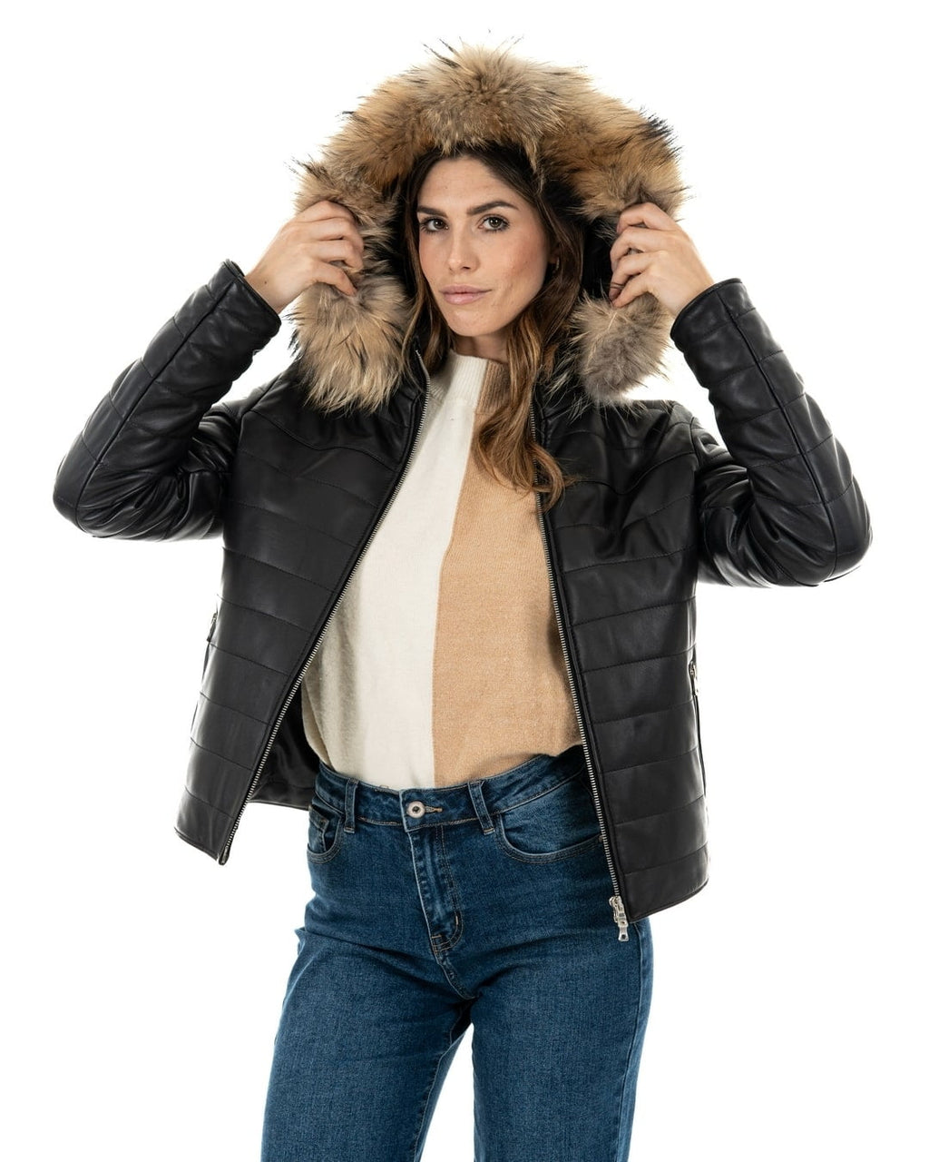 GRACE Piumino con cappuccio da donna in vera pelle nero