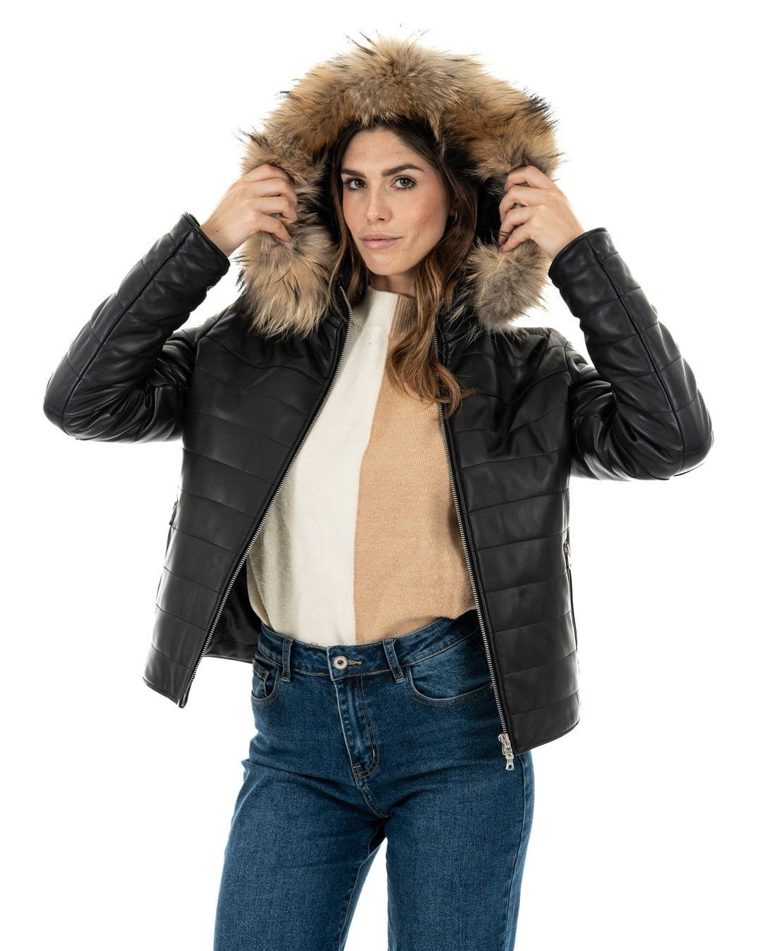 GRACE Piumino con cappuccio da donna in vera pelle nero