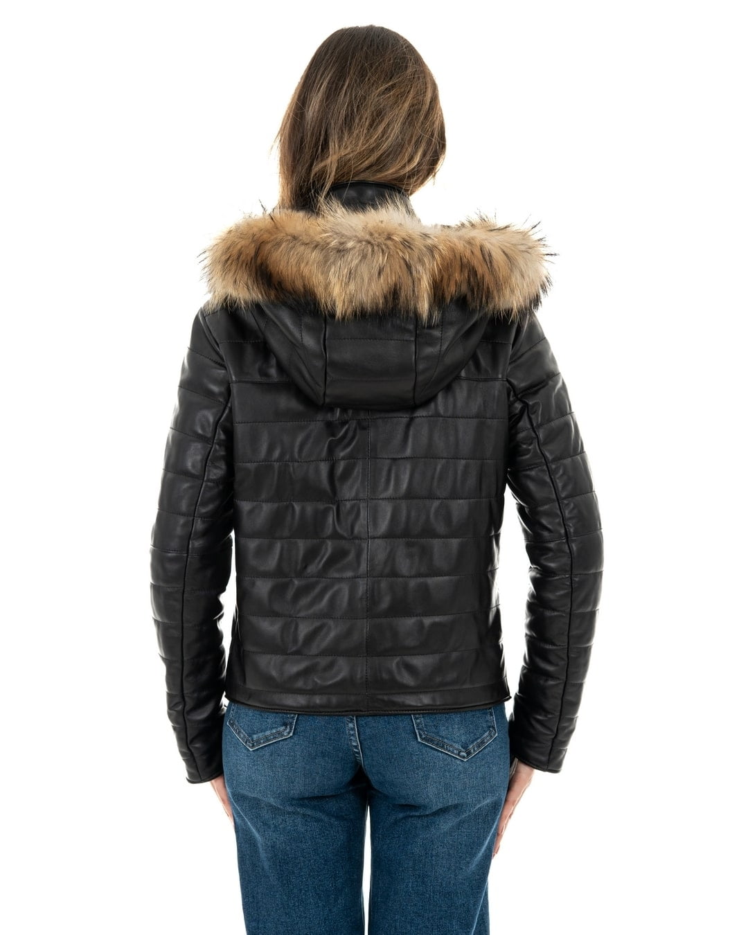 GRACE Piumino con cappuccio da donna in vera pelle nero