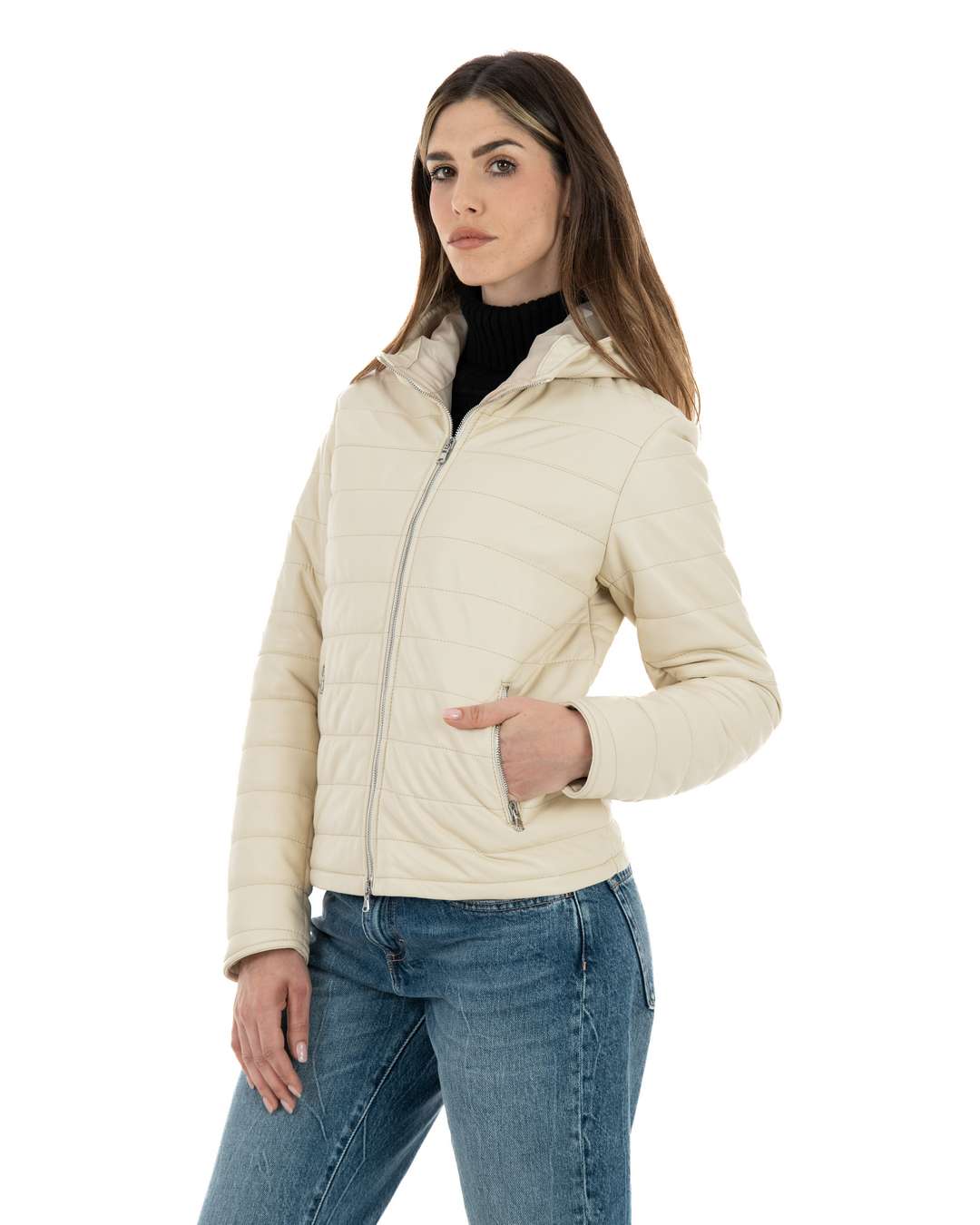 ELODIE Piumino con cappuccio da donna in vera pelle panna