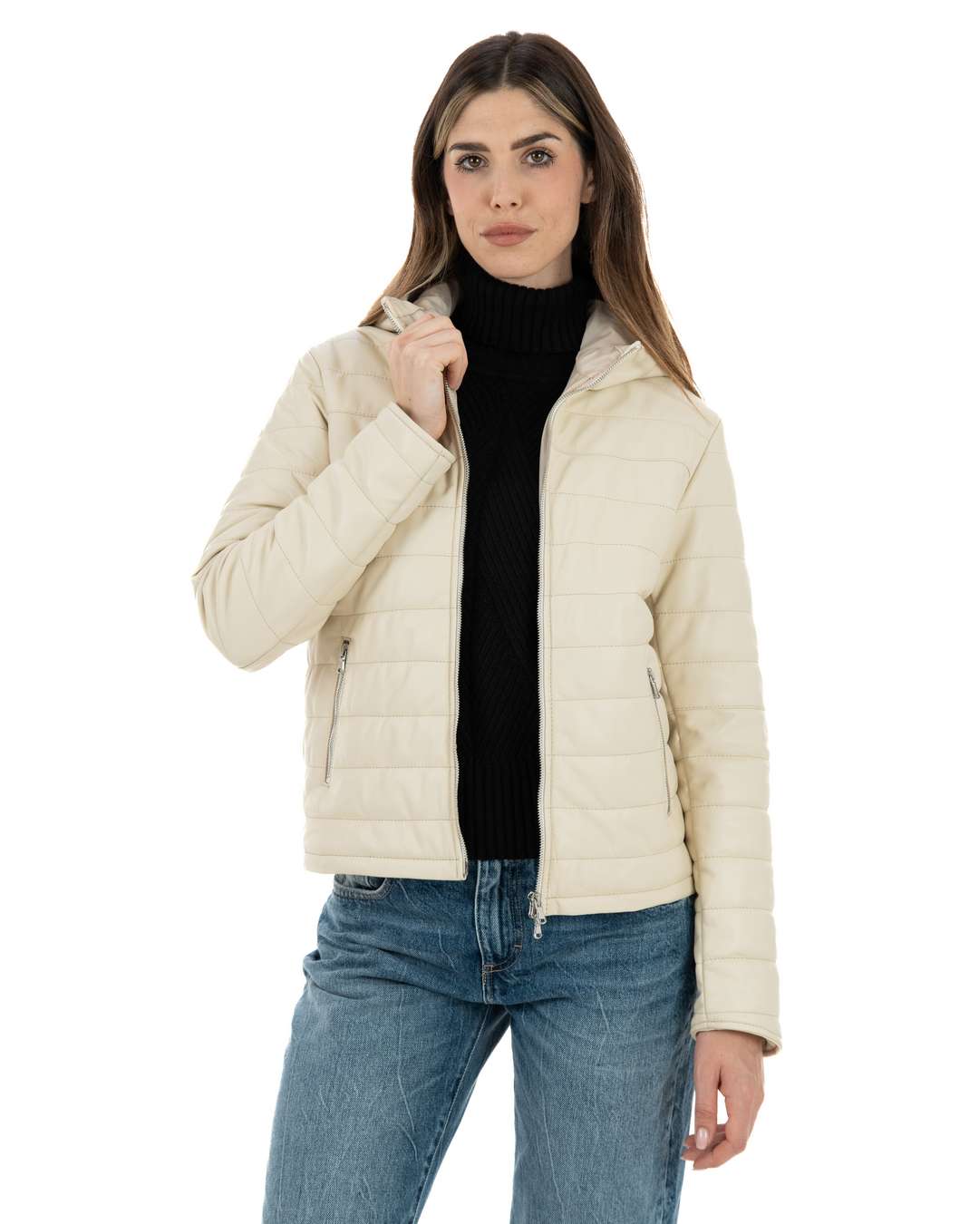 ELODIE Piumino con cappuccio da donna in vera pelle panna