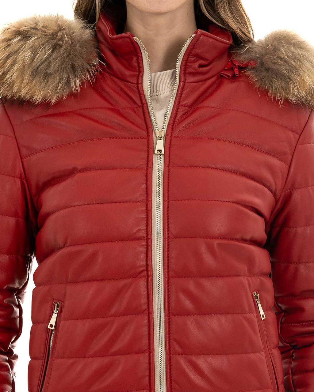 GRACE Piumino con cappuccio da donna in vera pelle rosso