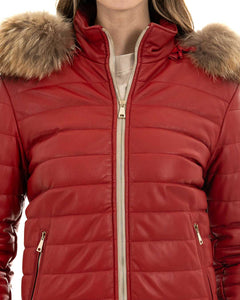 GRACE Piumino con cappuccio da donna in vera pelle rosso