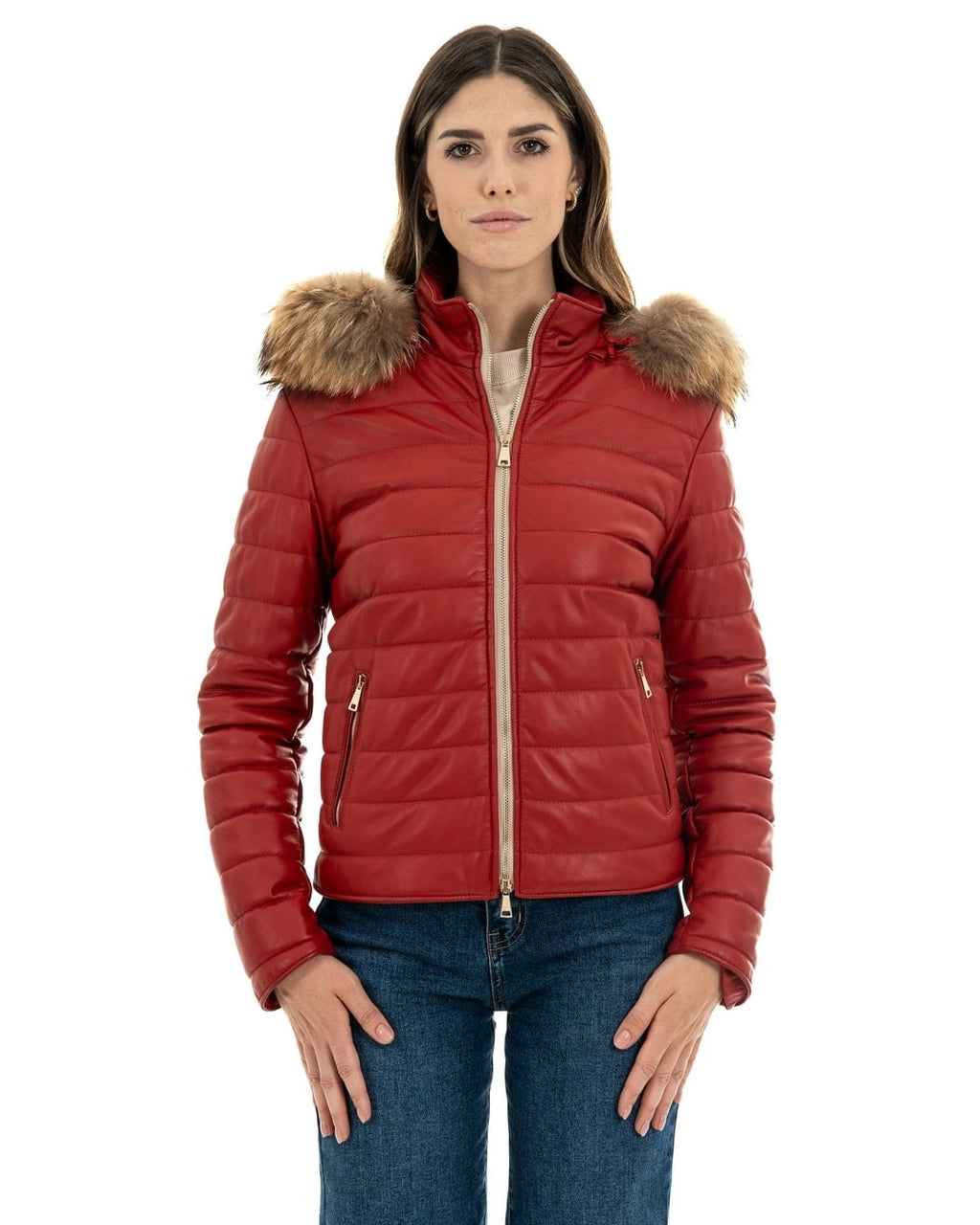 GRACE Piumino con cappuccio da donna in vera pelle rosso