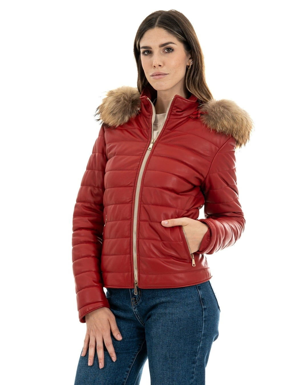 GRACE Piumino con cappuccio da donna in vera pelle rosso