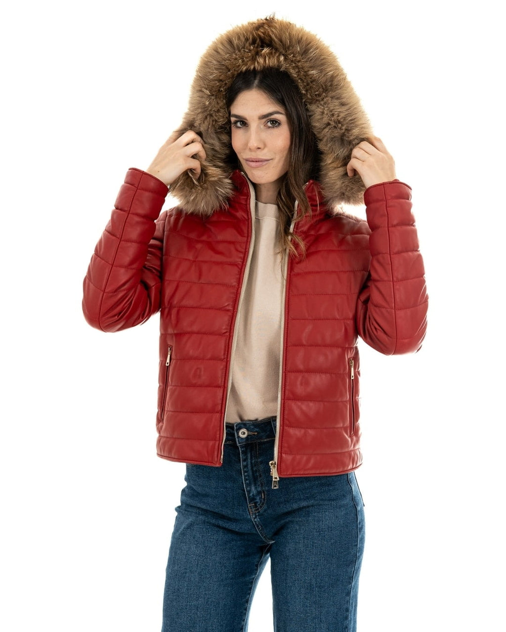 GRACE Piumino con cappuccio da donna in vera pelle rosso