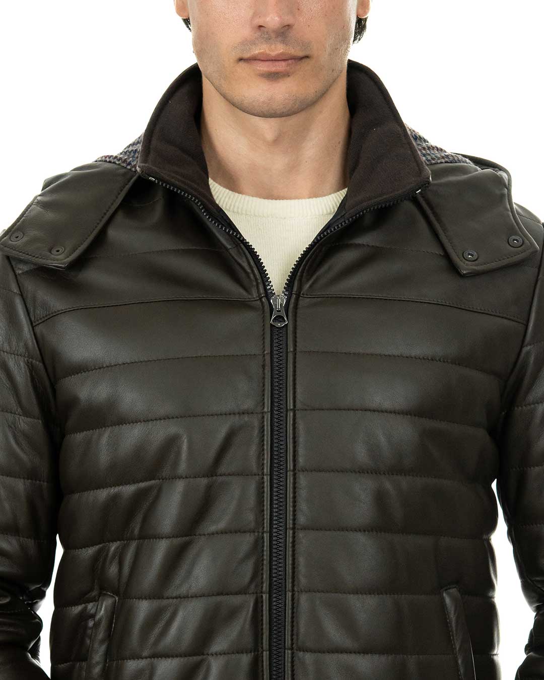 ADAM Piumino con cappuccio da uomo in vera pelle marrone