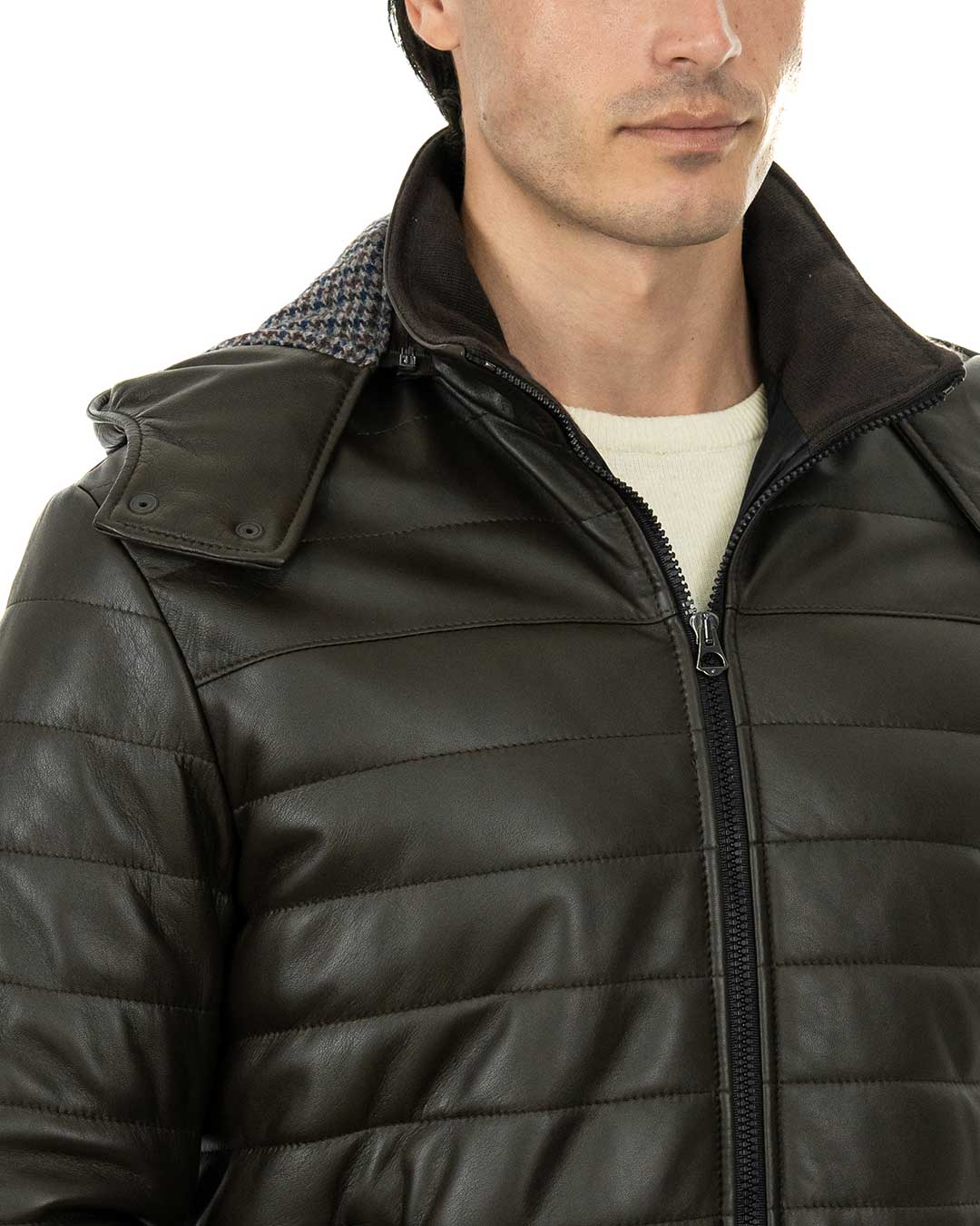 ADAM Piumino con cappuccio da uomo in vera pelle marrone