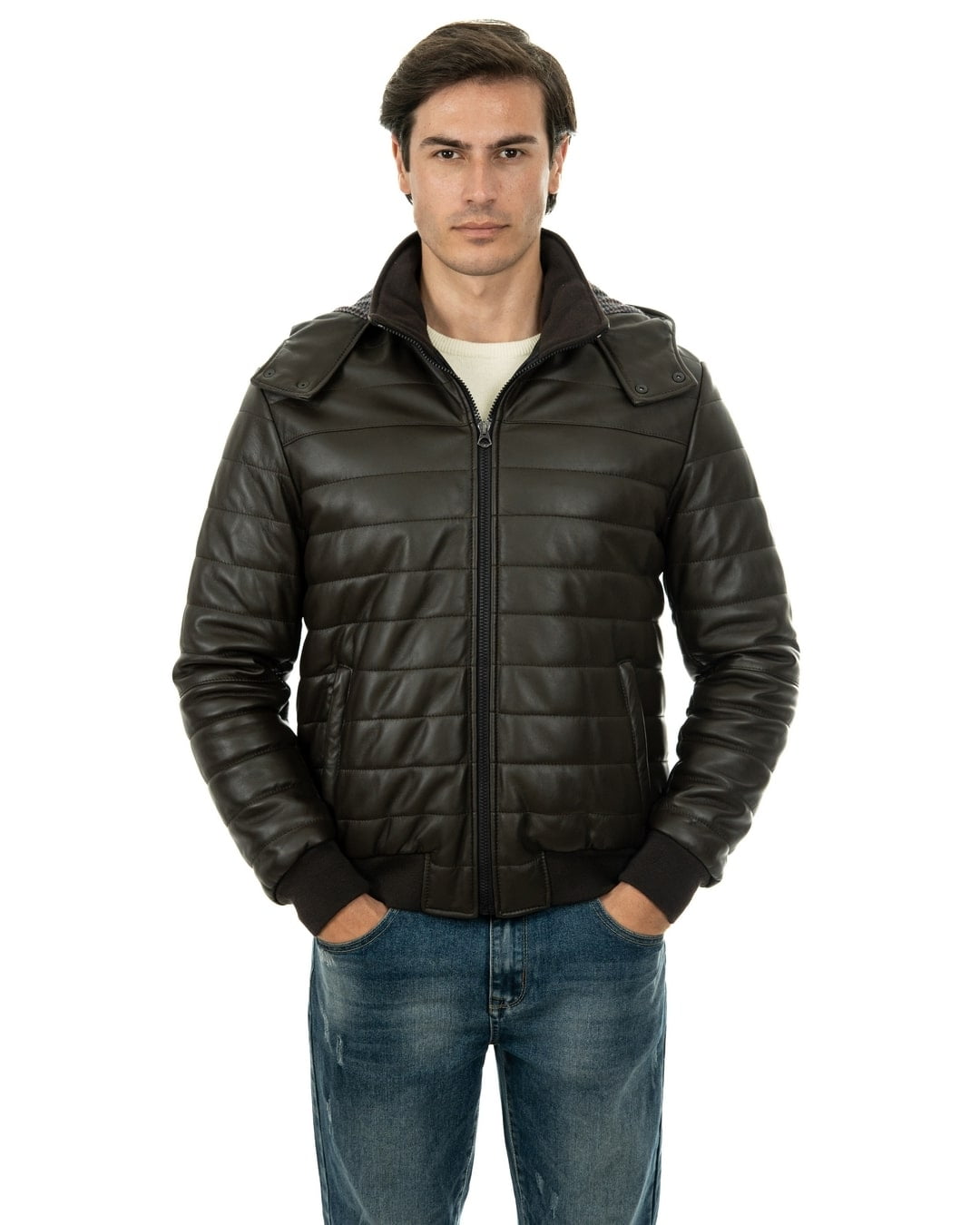 Piumino con cappuccio da uomo in vera pelle marrone