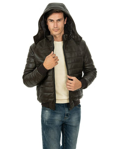 ADAM Piumino con cappuccio da uomo in vera pelle marrone