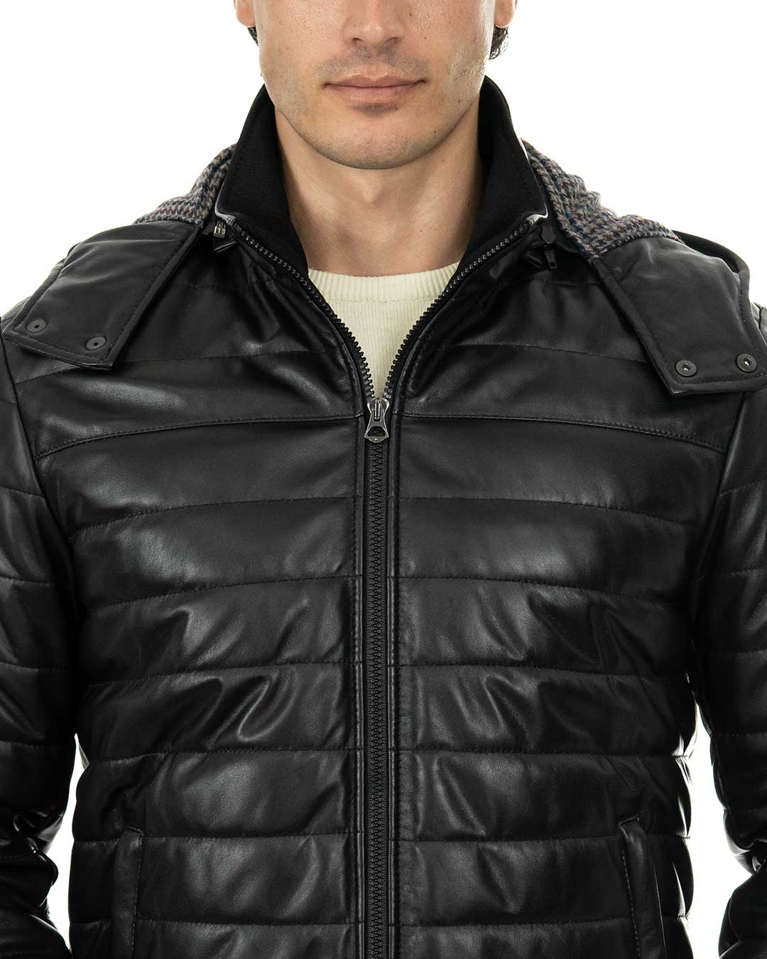 ADAM Piumino con cappuccio da uomo in vera pelle nero
