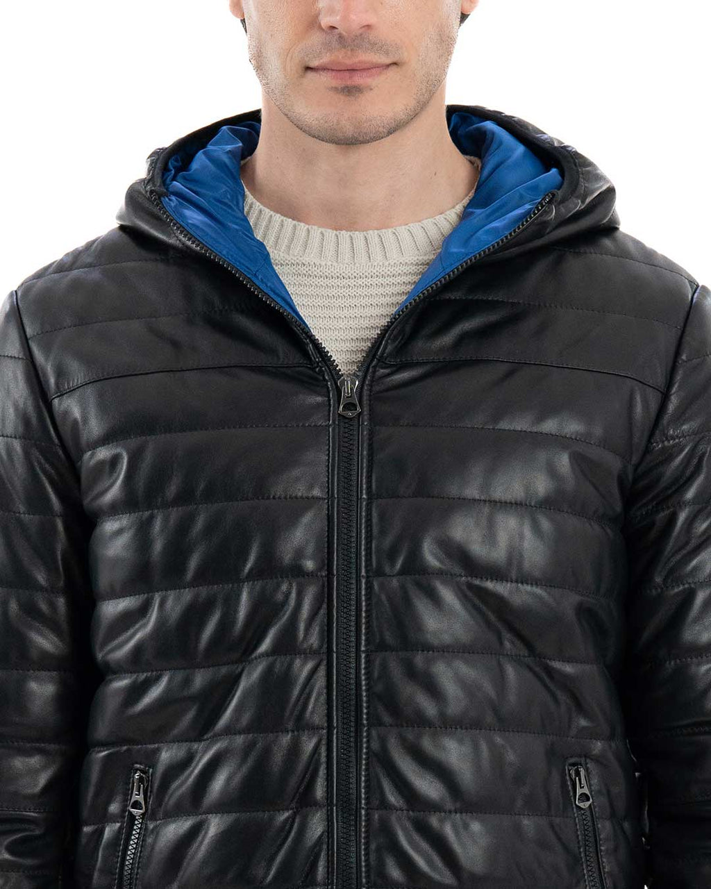 ALEX Piumino con cappuccio da uomo in vera pelle nero