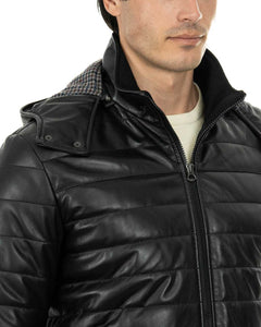 ADAM Piumino con cappuccio da uomo in vera pelle nero