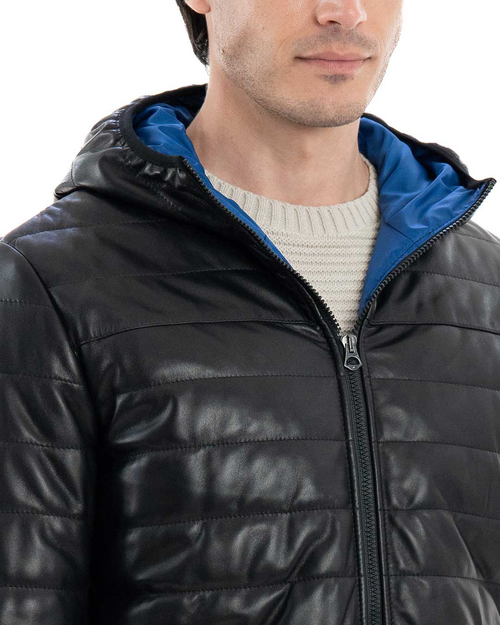 ALEX Piumino con cappuccio da uomo in vera pelle nero