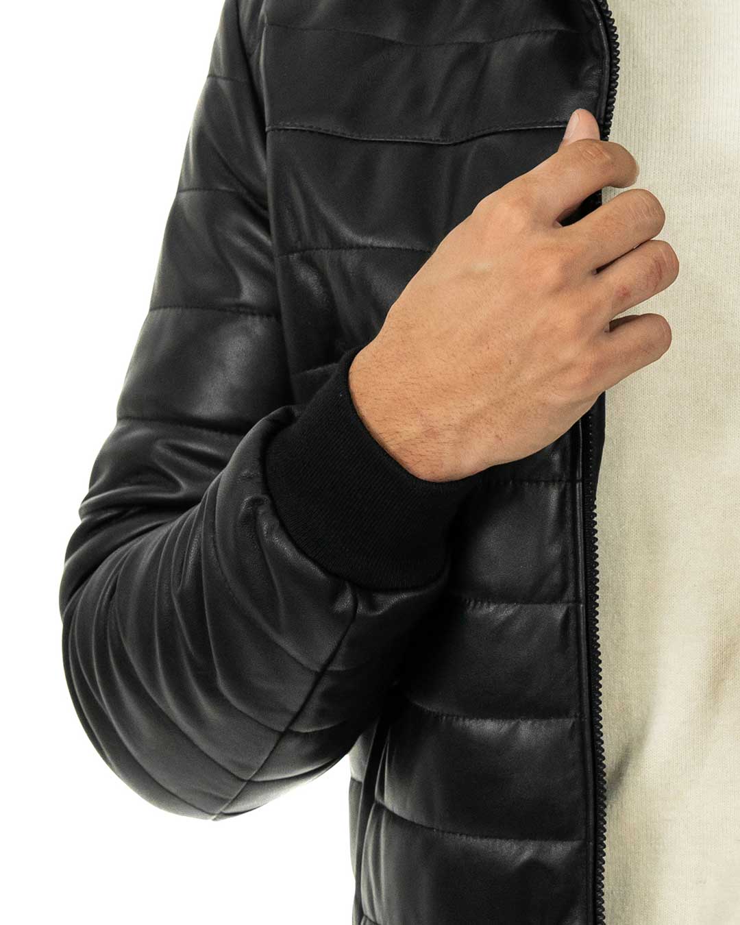 ADAM Piumino con cappuccio da uomo in vera pelle nero