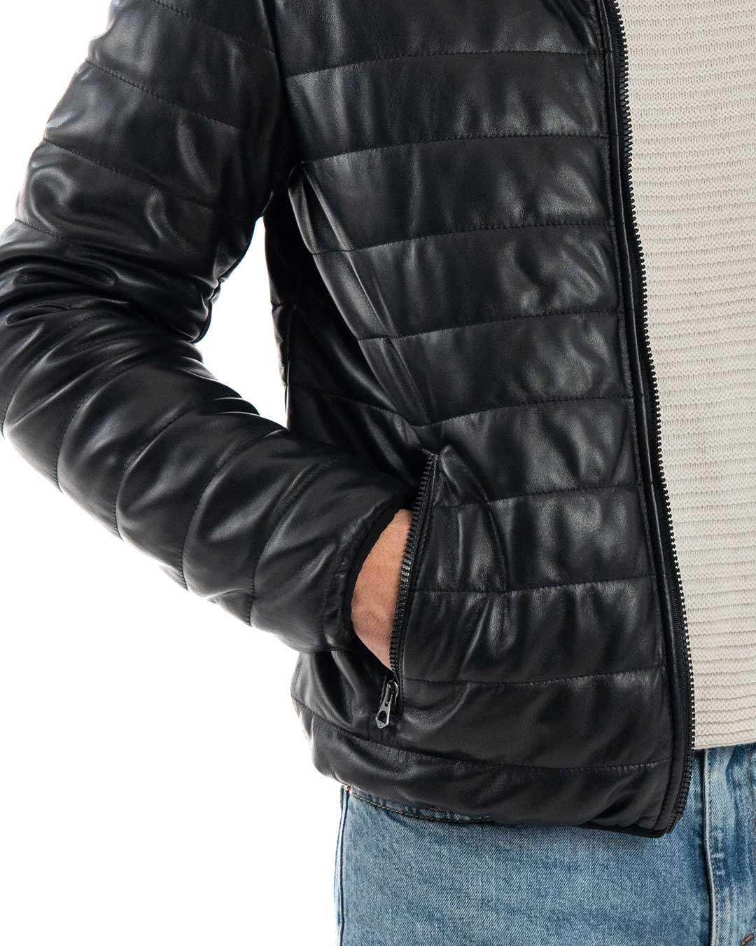 ALEX Piumino con cappuccio da uomo in vera pelle nero