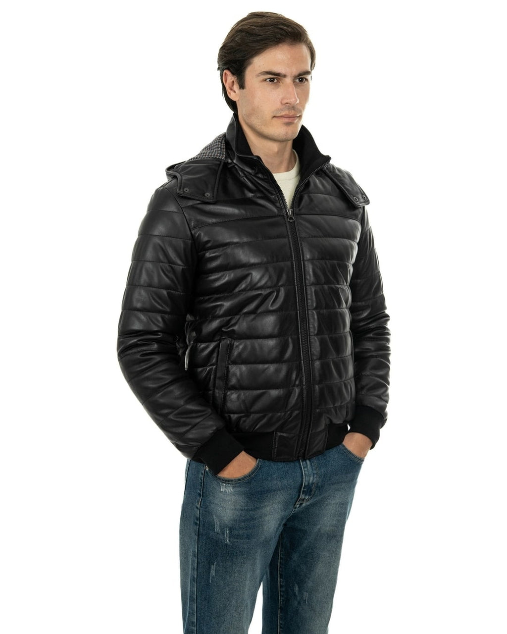 ADAM Piumino con cappuccio da uomo in vera pelle nero