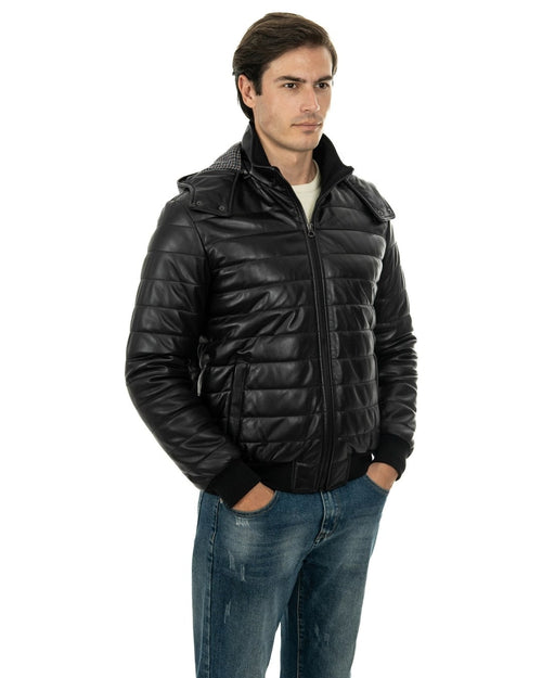 ADAM Piumino con cappuccio da uomo in vera pelle nero