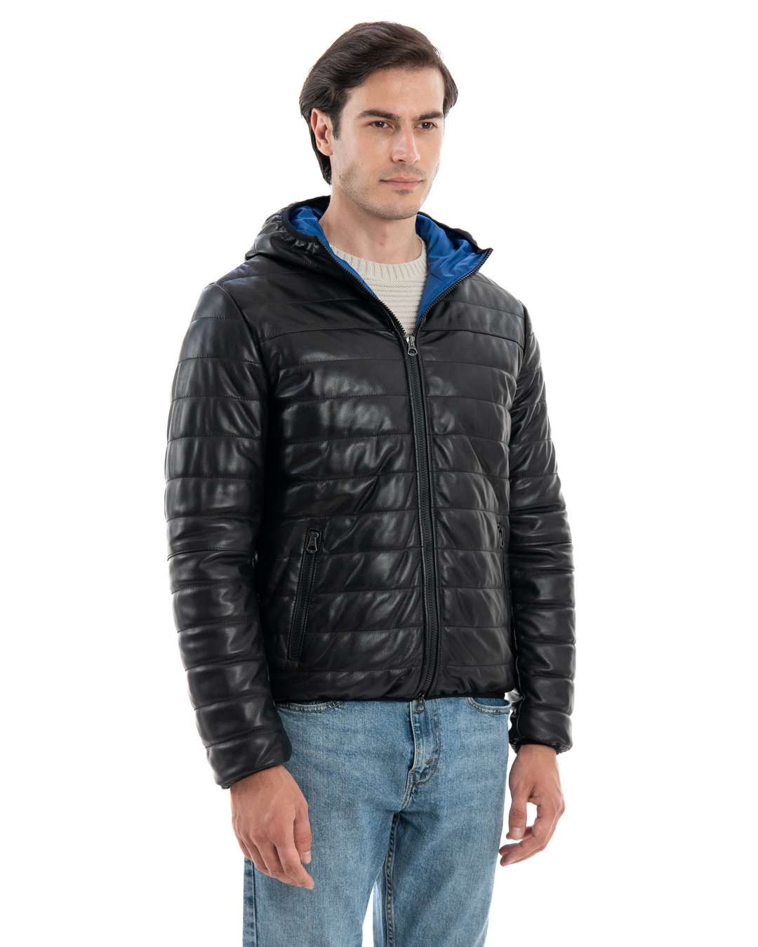 ALEX Piumino con cappuccio da uomo in vera pelle nero