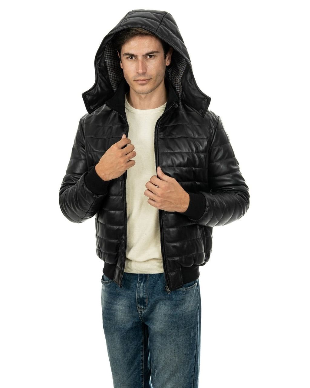 ADAM Piumino con cappuccio da uomo in vera pelle nero