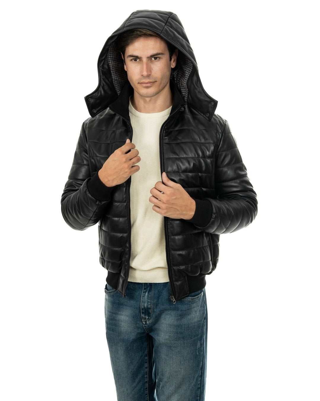 ADAM Piumino con cappuccio da uomo in vera pelle nero