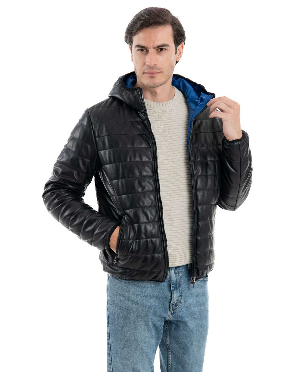 ALEX Piumino con cappuccio da uomo in vera pelle nero