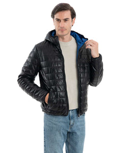 ALEX Piumino con cappuccio da uomo in vera pelle nero